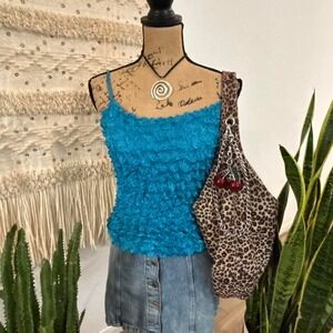 Vintage Y2K Popcorn Bubble Scrunch Blue tank top with spaghetti straps